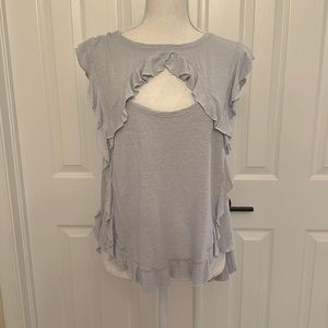 Grey/blue ruffle BCBGMAXAZRIA t-shirt with cute cutout above the chest. Worn 2x